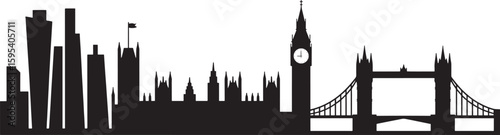 Black silhouette skyline of London featuring Big Ben and Tower Bridge black and white