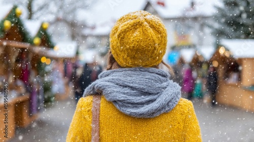 Winter market wanderer in mustard attire, snowflakes twirling at Yuletide bazaar, evokes cozy nostalgia and festive merrymaking