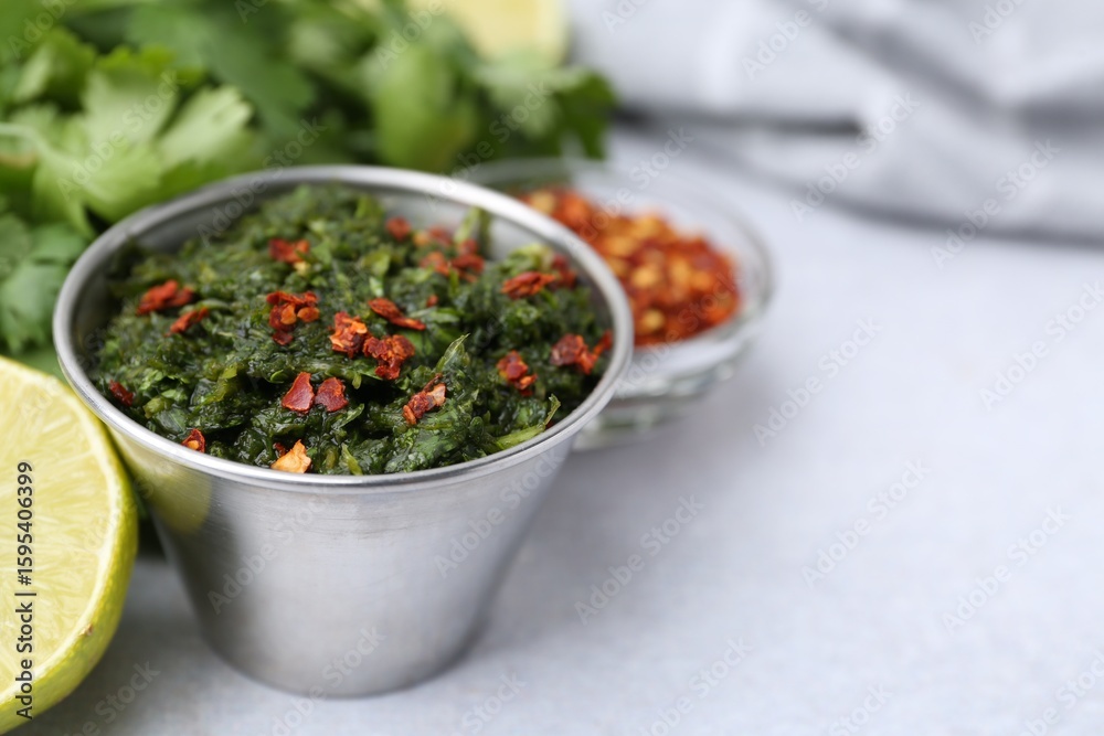 Tasty sauce with cilantro and other ingredients on light table, closeup. Space for text Tasty sauce with cilantro and other ingredients on light table, closeup. Space for text