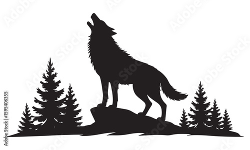 Black silhouette wolf howling on rock with pine trees white
