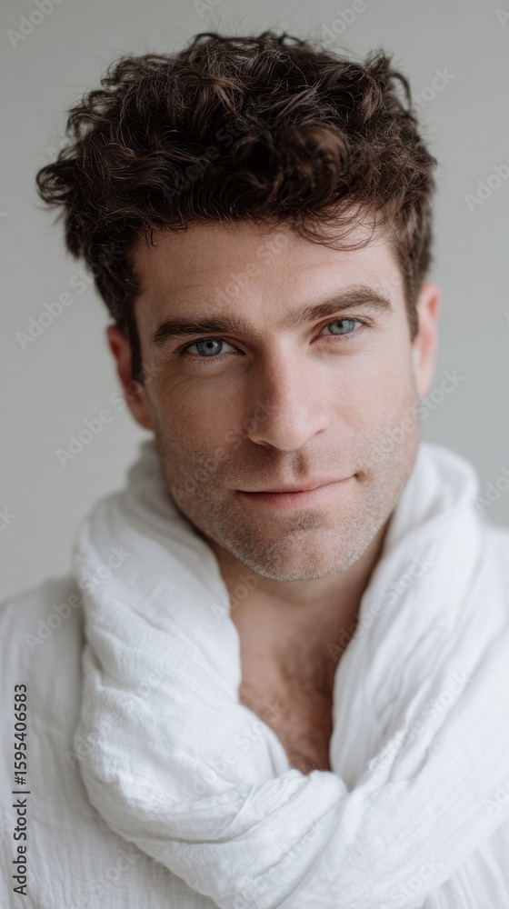 Obraz premium Mystical gaze of a Caucasian man draped in ethereal white, embodying Hygge serenity and Winter Solstice whispers