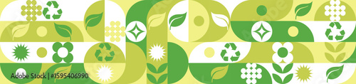 Bio template for ecological social projects, seamless pattern for eco packaging with green flowers. Natural style banner, mosaic of geometric white shapes.