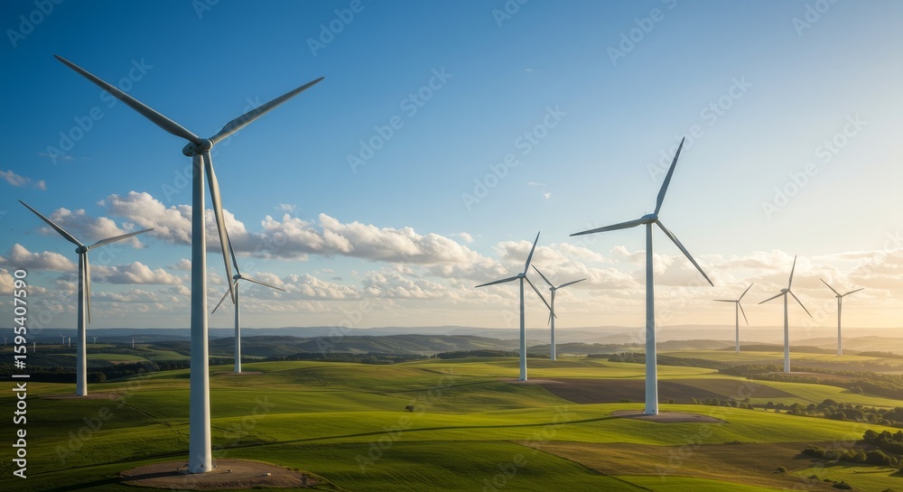 Obraz premium Wind Power: Scenic Landscapes and Clean Energy - Symbolising renewable energy, environmental sustainability, technological advancement, rural landscapes, and a brighter future