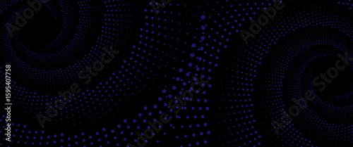Abstract Spiral Pattern Formed by Blue Dotted Shapes on Black Background. poster in banner, suit for bussines