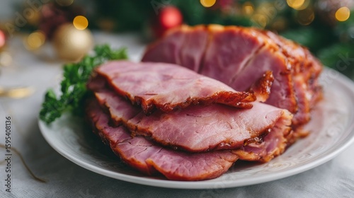Succulent honey-glazed ham, a festive delight for Yuletide feasts, nestled with rosemary sprigs, invoking the spirit of Winterval