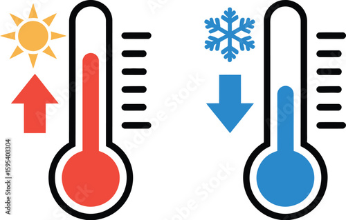 Hot and Cold Temperature Icons Red and Blue Thermometers with Sun and Snowflake