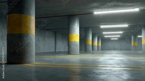 Empty underground parking lot with concrete pillars marked by yellow stripes, illuminated by fluorescent ceiling lights.