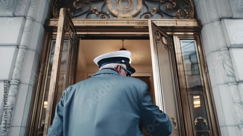 Elegant doorman welcomes guests at luxurious entrance in vibrant city setting near sunset