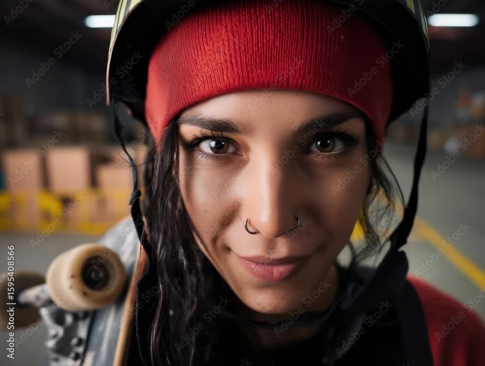 Skateboarder prepares for a trick in a warehouse setting while wearing a helmet and a red beanie during an indoor session Skateboarder prepares for a trick in a warehouse setting while wearing a helmet and a red beanie during an indoor session