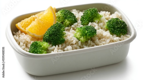Orange slices and broccoli florets embrace on a bed of fluffy rice, evoking Zen lunch breaks and Earth Day feasts