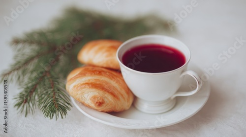 Cup of mulled wine beside golden croissants, evokes cozy winter solstice morning, Hygge-inspired warmth, festive Holiday cheer
