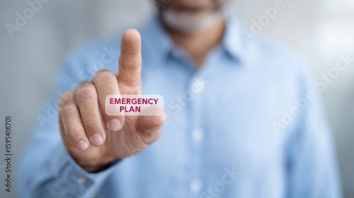 <p>Middle-aged bearded man decisively touches emergency plan hologram, foresight technology, Disaster Preparedness Day, digital future readiness</p>
