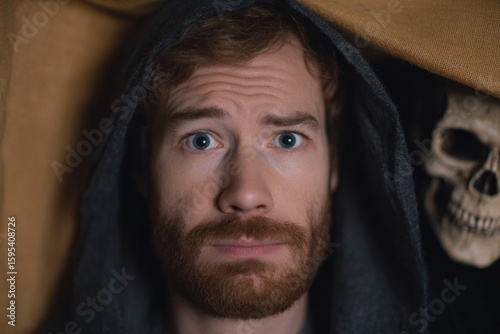 Panicked gaze of a Caucasian male in tattered cloak, soul-searching amidst Samhain whispers and Dia de los Muertos spirits