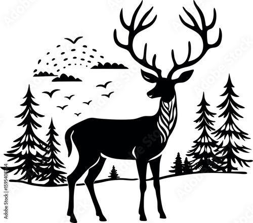 Silhouette of a deer standing in a forest clearing with sunset in the background