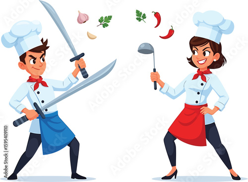Two cartoon chefs, a man and a woman, face each other in a playful battle with kitchen tools and ingredients, suggesting a culinary competition.