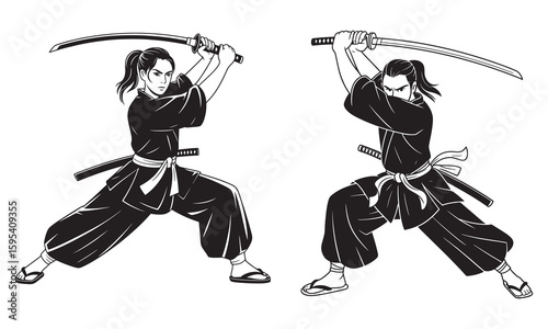 Two figures in black samurai attire holding katana swords in defensive stances warrior