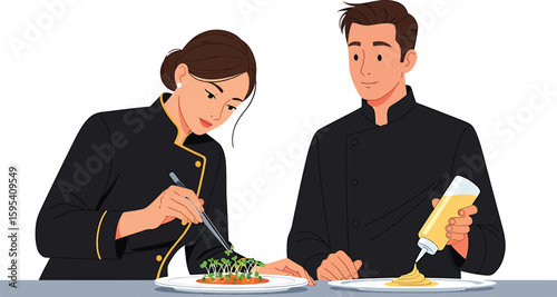 Two chefs preparing a plated dish, one arranging garnish, the other adding sauce.