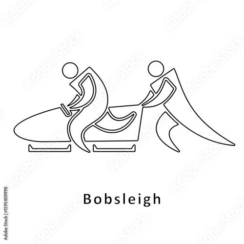Bobsleigh crew of two man racers line icon, black outline isolated on white. Bobsled 2 athlete team pushing bob. Vector or png clipart sign for sport design, winter games illustration.