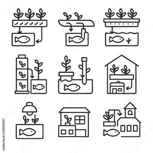 Text per transparent vector icons set marks system bed typography icon aquaponics