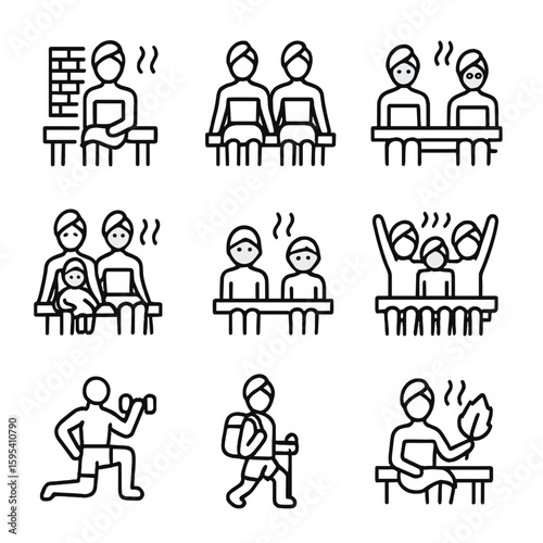 Diverse group children seeker sauna elderly wellness person icon family tourist vector