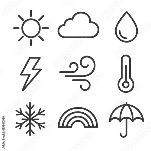 Bolt wind icon umbrella cloud thermometer raindrop lightning weather set rainbow vector