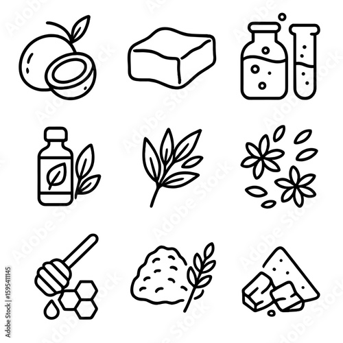 Detailed equally vector icons soap no emojis lye charcoal ingredients characters petals
