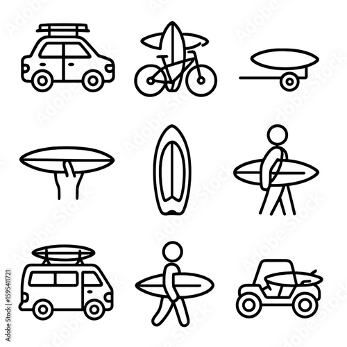 Van icon spaced transport surf letters surfboard no bike vector uniform eco
