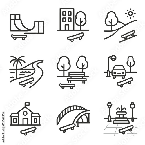 Numbers labels typography skateboard urban no icon collection bridge text vector isolated
