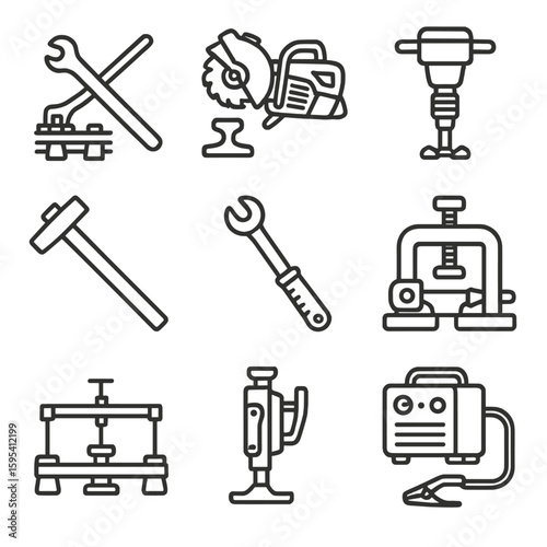 Icons spike alignment gauge hammer train rail tools icon saw welding vector