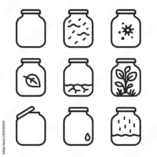 Condensation terrarium soil spot jar icon leaf lid glass set vector open