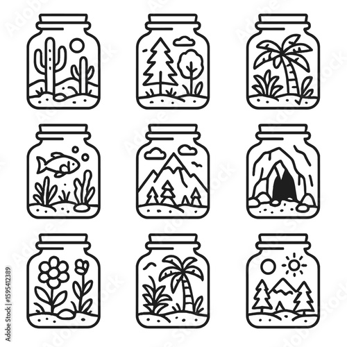 Cave collection garden vector terrarium tropical icon jungle alpine desert forest scene