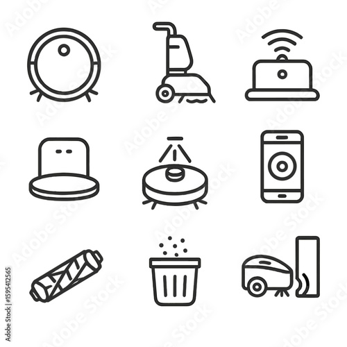 Navigation brush floor obstacle robot dustbin cleaning sensor roller icons scrubber vector