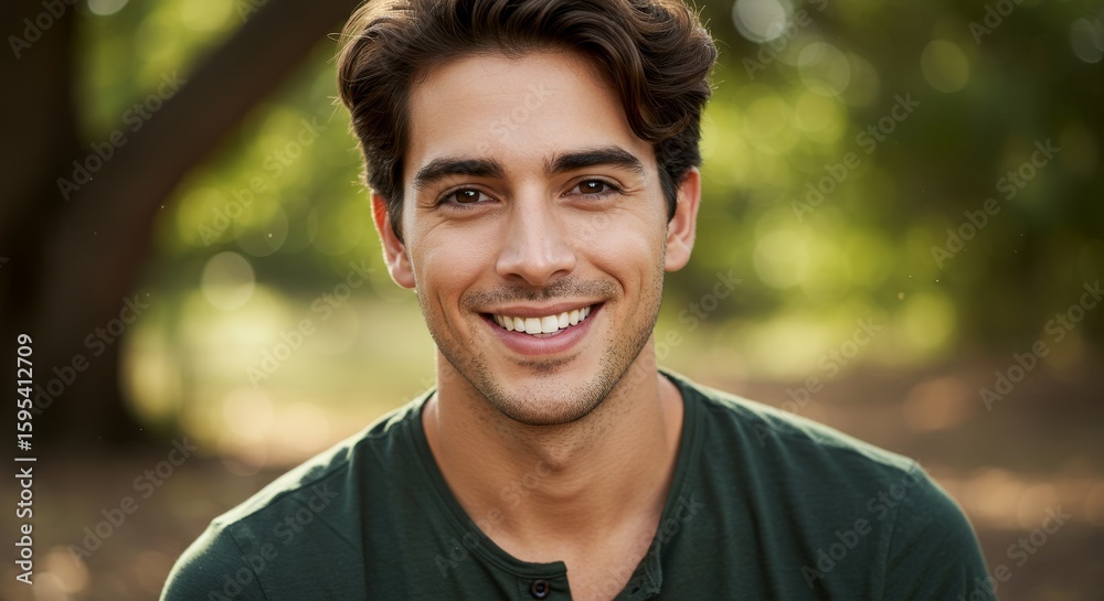 Happy Man Outdoors Smiling - A young man with a genuine smile, outdoors in a park setting. He's wearing a dark green shirt Happy Man Outdoors Smiling - A young man with a genuine smile, outdoors in a park setting. He's wearing a dark green shirt