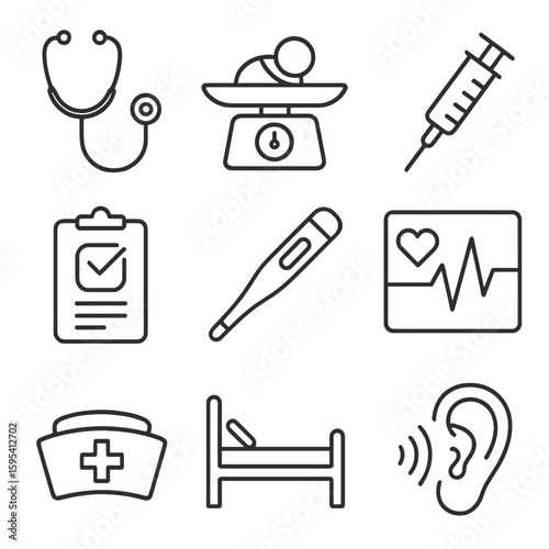 Stethoscope cap hospital icons nurse thermometer chart care hearing icon postpartum test