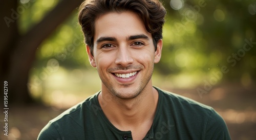 Happy Man Outdoors Smiling - A young man with a genuine smile, outdoors in a park setting. He's wearing a dark green shirt