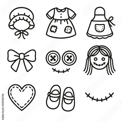 Doll fabric stitched icon bow hair dress vector heart button patchwork smile