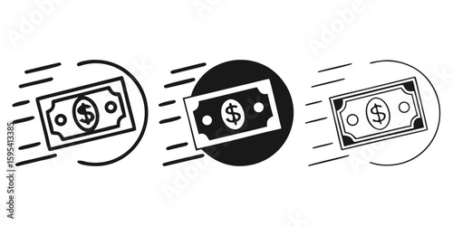 fast moving dollar bills with speed lines showing quick money transfer rapid payments and speedy financial transactions isolated on white background.