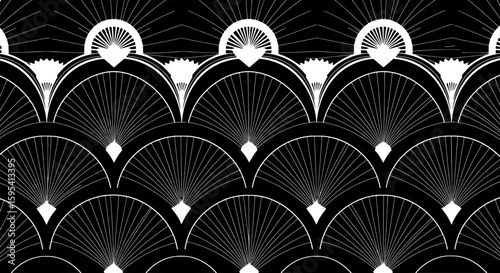 Art Deco Pattern: A detailed seamless black and white Art Deco pattern, capturing the essence of the roaring twenties with its geometric elegance, radial symmetry, and stylized motifs. 