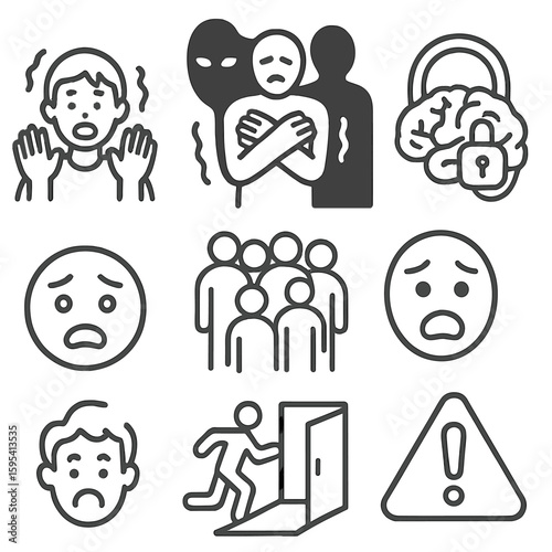 Panic and Phobia Icons. Outline style icons of Panic and Phobia: fear reaction icon, shaking lines, phobia shadow, confined brain,