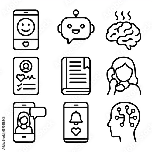 Mental Health Tech Icons. Outline style icons of Mental Health Tech Tools: mood tracking app, therapy chatbot, brainwave icon,