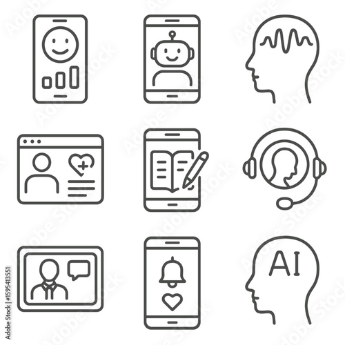 Mental Health Tech Icons. Outline style icons of Mental Health Tech Tools: mood tracking app, therapy chatbot, brainwave icon,