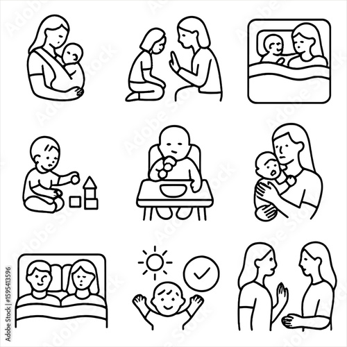 Outline Parenting Icons. Outline style icons of parenting styles: attachment parenting, gentle discipline, co-sleeping icon,