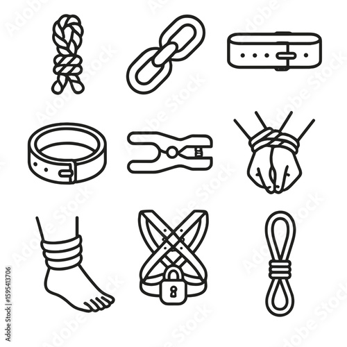 Torment Implement Icons. Outline style icons of torment implements binding: rope knot, chain link, leather strap, metal cuff,