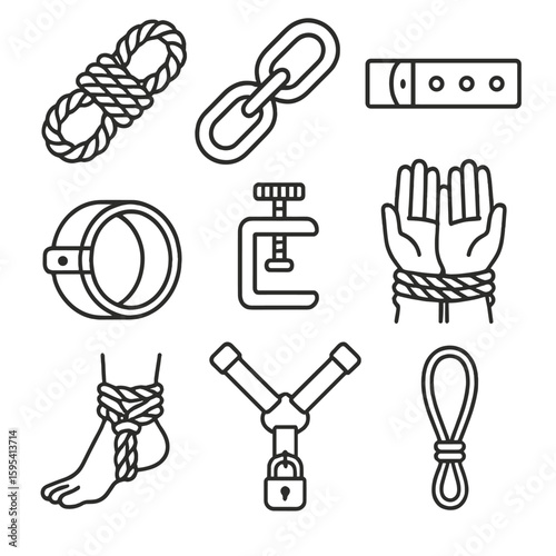 Torment Implement Icons. Outline style icons of torment implements binding: rope knot, chain link, leather strap, metal cuff,