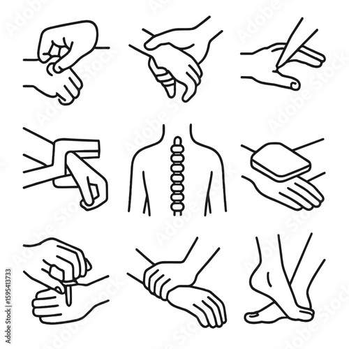 Torment Implements Icons. Outline style icons of torment implements pressure points: nerve press, joint lock, pressure needle,