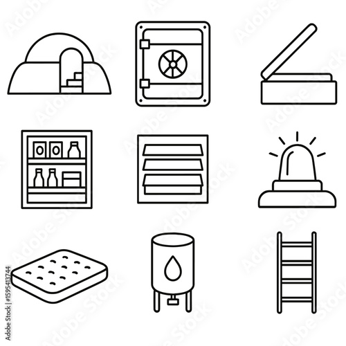 Tornado Shelter Icons. Outline style icons of tornado shelter: underground bunker, reinforced door, emergency hatch, storage shelf