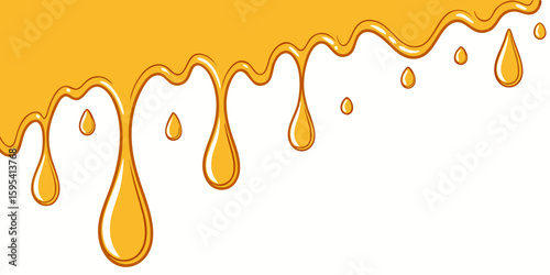 golden honey syrup dripping downward from top with natural flowing droplets and viscous liquid patterns on white background