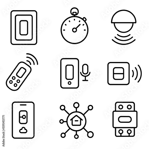 Toggle Switch Icons. Outline style icons of toggle switch automation: smart switch, timer switch, motion sensor, remote control,