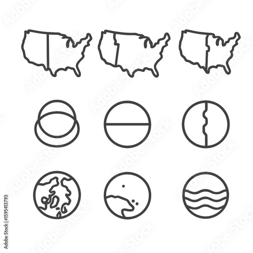 Time Zone Icons. Outline style icons of time zone regions: eastern zone, central zone, mountain zone, pacific zone, arctic circle,