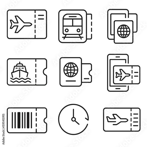 Travel Ticket Icons. Outline style icons of Travel Ticketing: airplane boarding pass, train ticket, bus pass, ferry ticket,